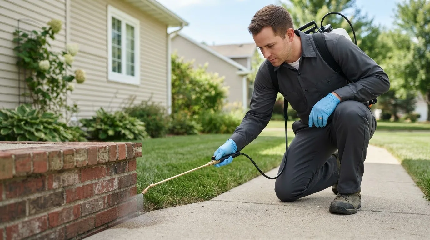 Pest control technician treating a home near Wanette, OK
