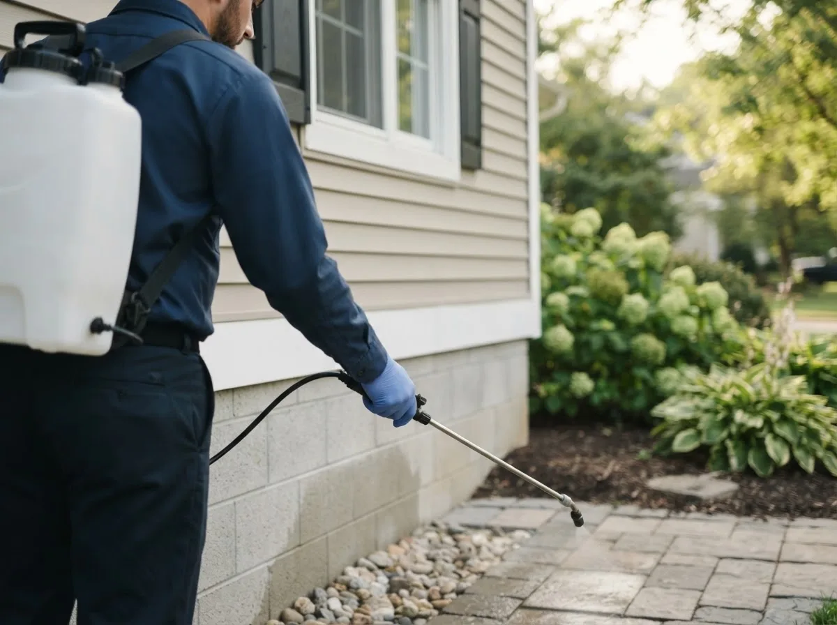 Pest control technician inspecting a home in Wanette, OK